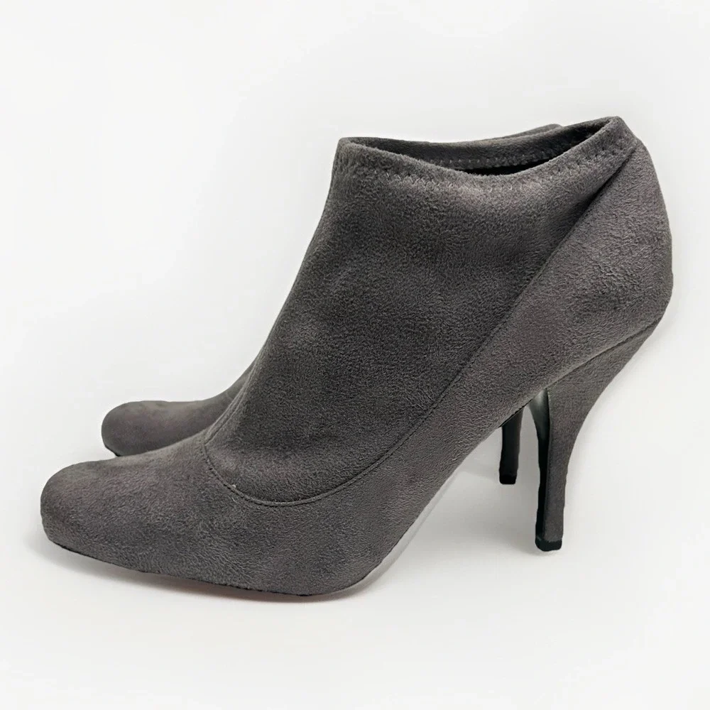 Nine West Gray Faux Suede Sock Booties Stiletto Heel Almond Round Toe Size 6.5 M